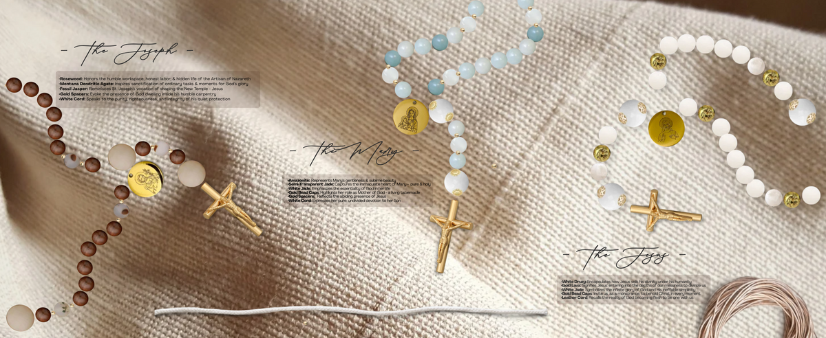 Three modern minimalist handmade heirloom rosaries with gold crucifixes displayed elegantly on a cream textured linen background.